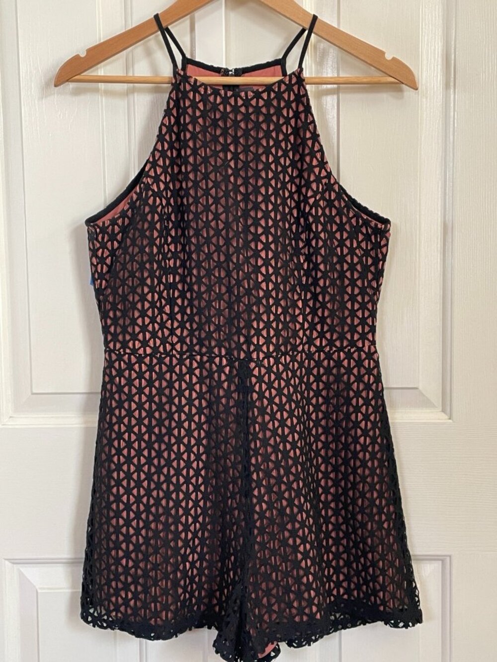 ASTR Black Coral Geometric Lace Overlay Halter Romper Size M